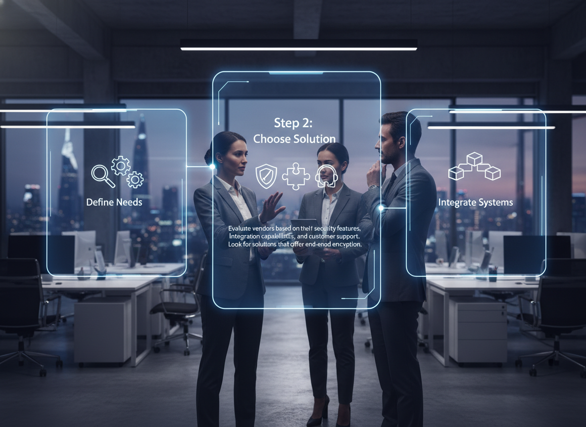 Futuristic digital panels showing step-by-step workflow for secure e-signature implementation with key actions.