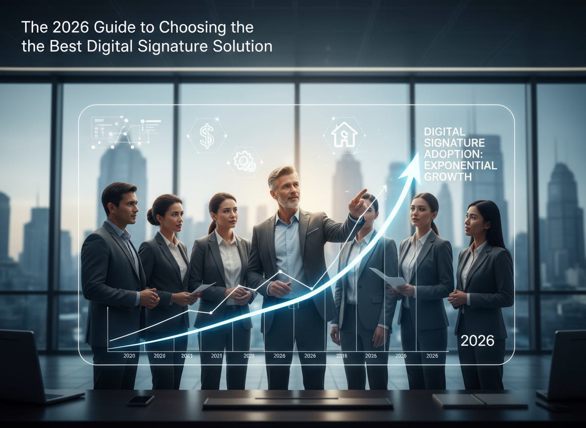 Futuristic office with professionals viewing a holographic graph showing the rise of digital signatures by 2026.
