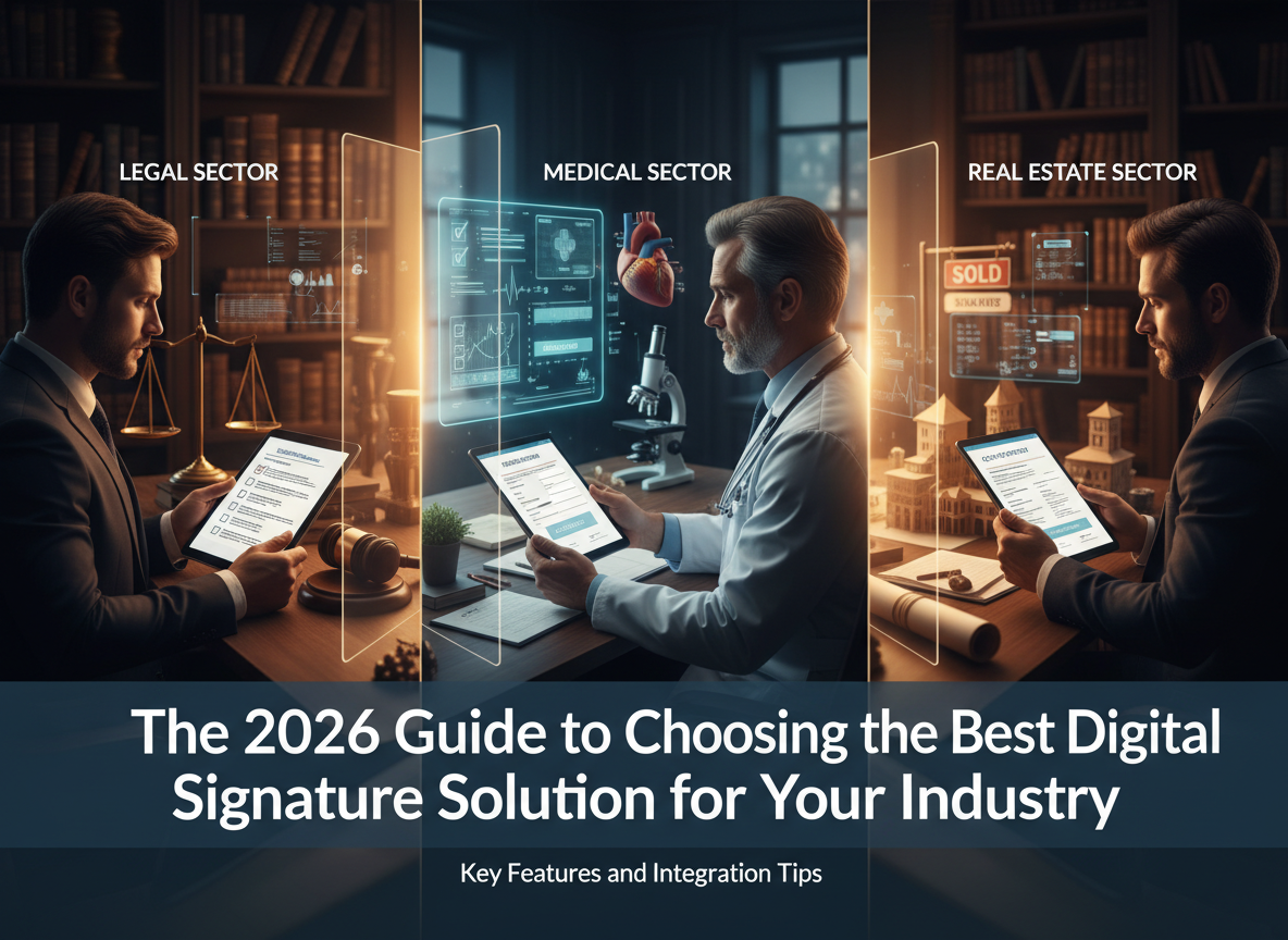 Industry representatives in a conference room, each displaying digital signature solutions tailored to their field.