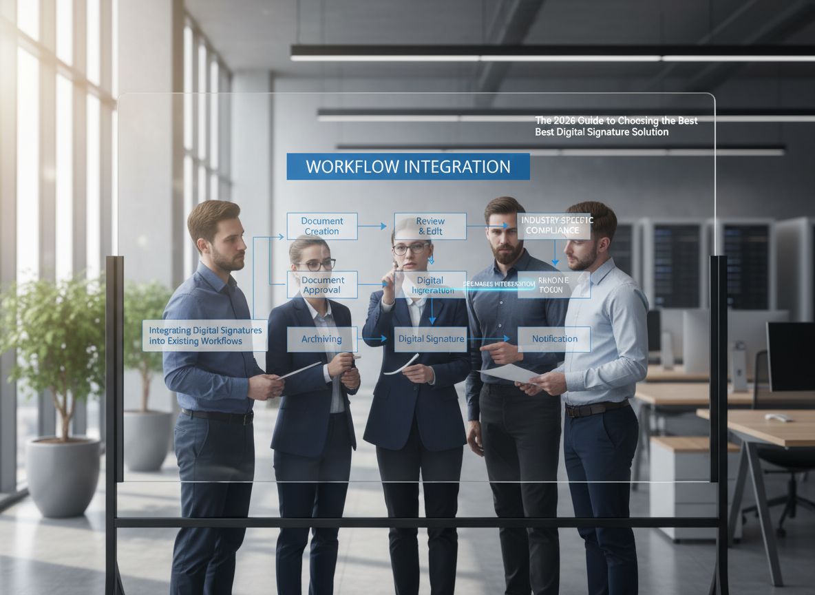 Team collaborating in an office, integrating digital signatures into existing workflows on an interactive board.