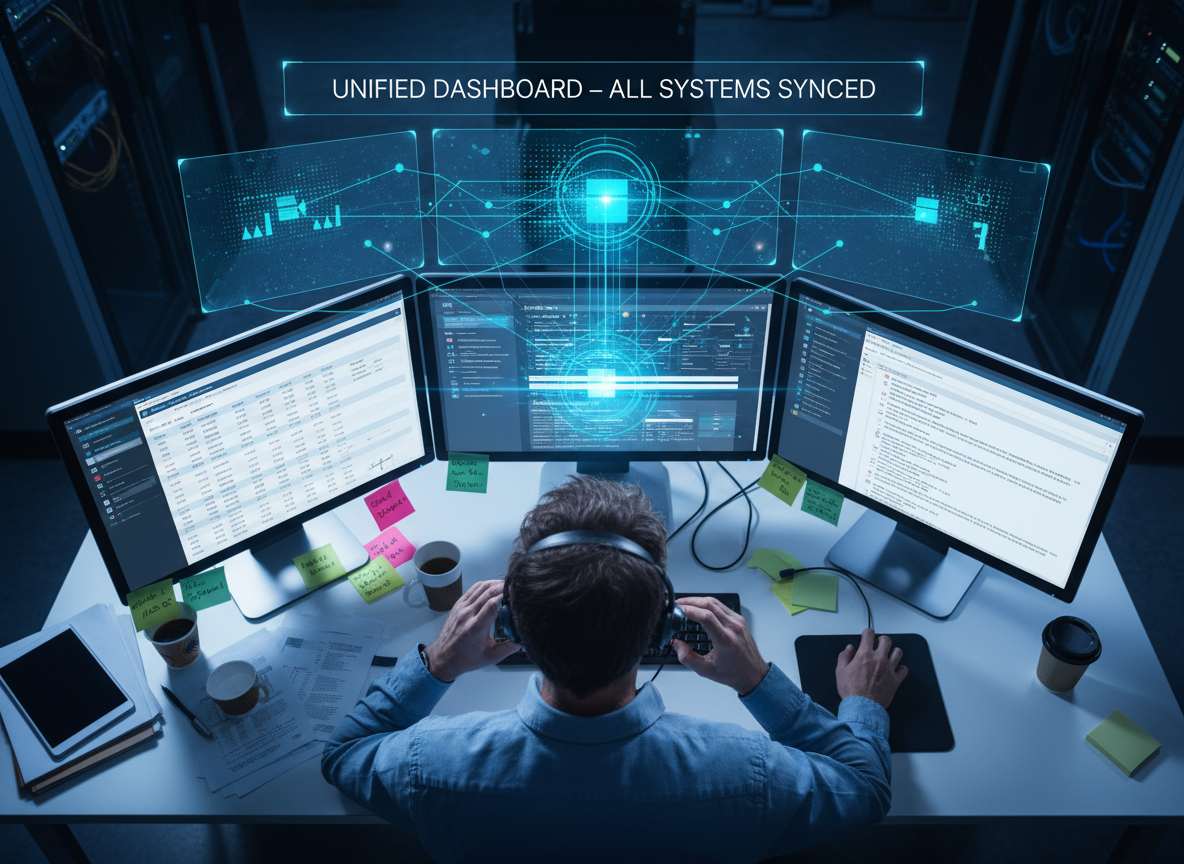 A chaotic workspace with disconnected systems, transformed by a holographic overlay integrating all platforms seamlessly.