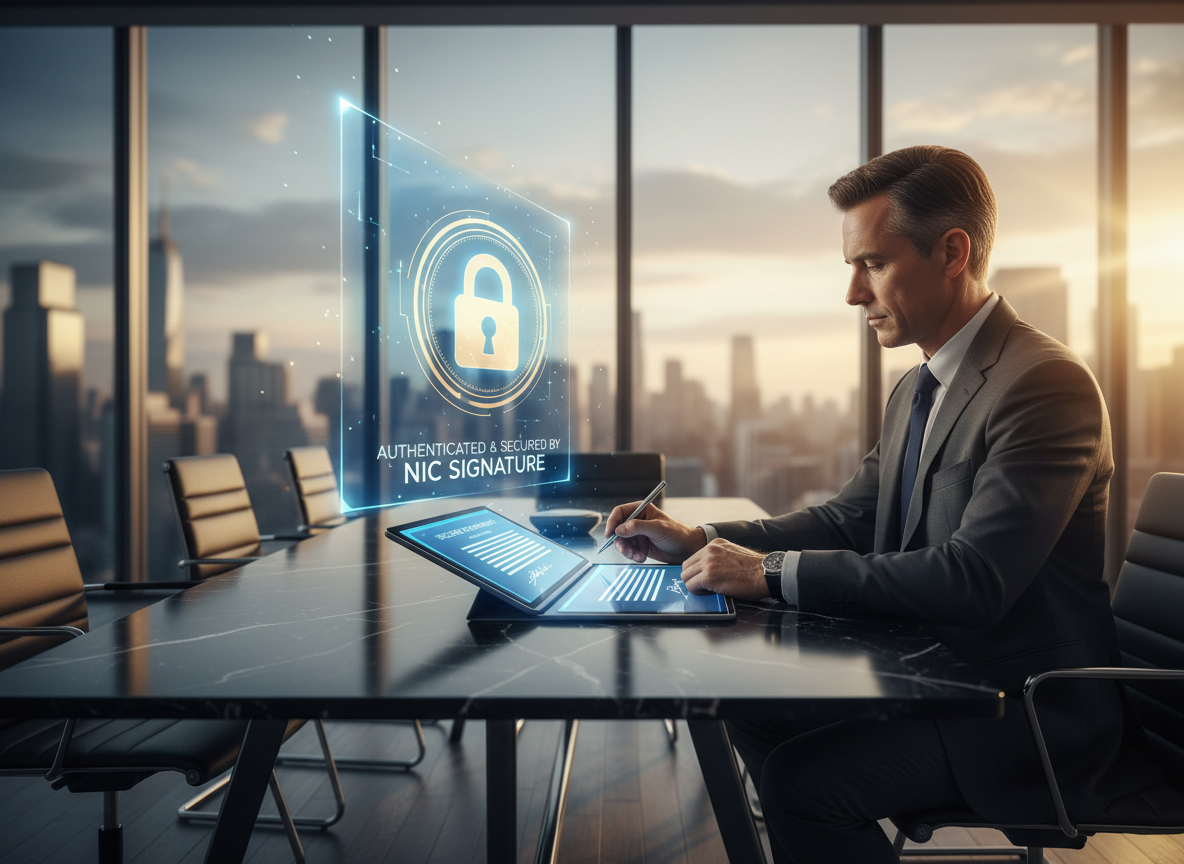 A business owner digitally signing a document on a tablet with holographic visuals of security and authenticity in a modern office conference room.