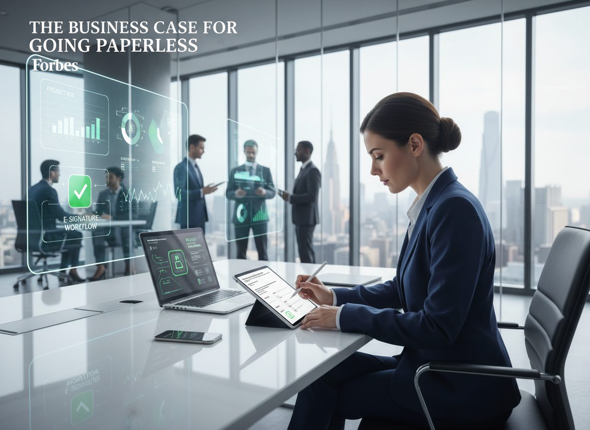 A modern office showcasing a professional signing a digital document on a tablet, emphasizing a paperless and seamless workflow.