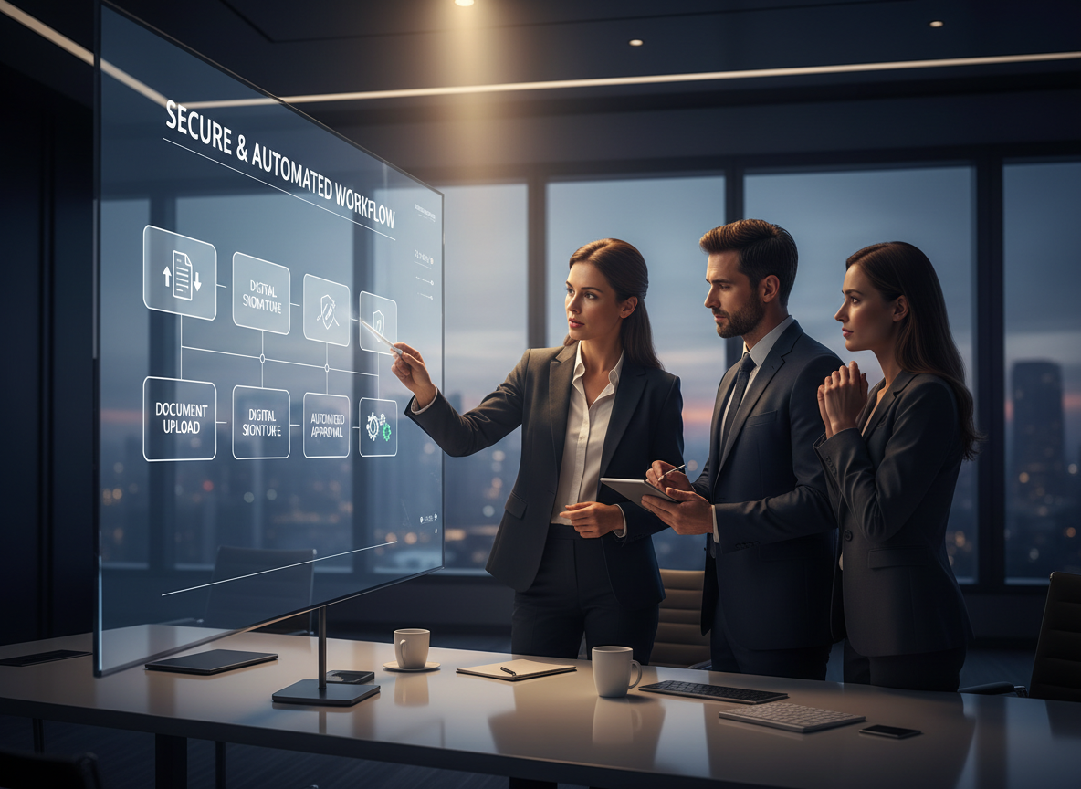 Team collaborating around a digital whiteboard with a flowchart showing steps to build secure and automated workflows using digital signatures.