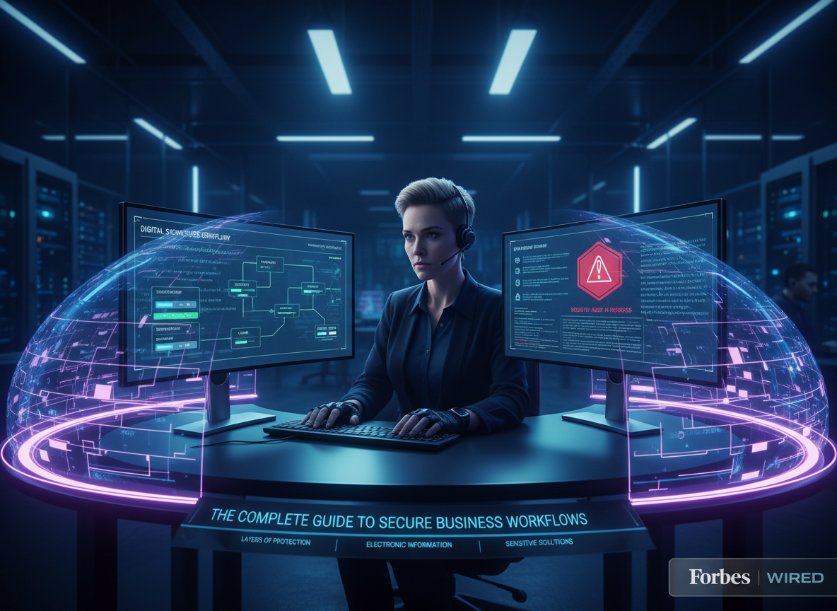 Cybersecurity analyst reviewing encrypted data on a digital signature workflow dashboard, with holographic shields symbolizing security layers.