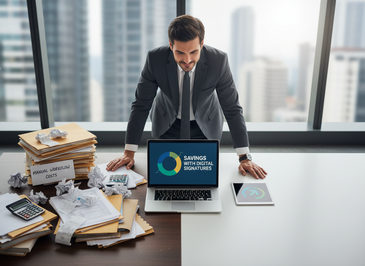 Split view of an accountant’s desk showing manual workflow costs with clutter versus savings with digital signatures on a clean laptop screen, emphasizing financial benefits.