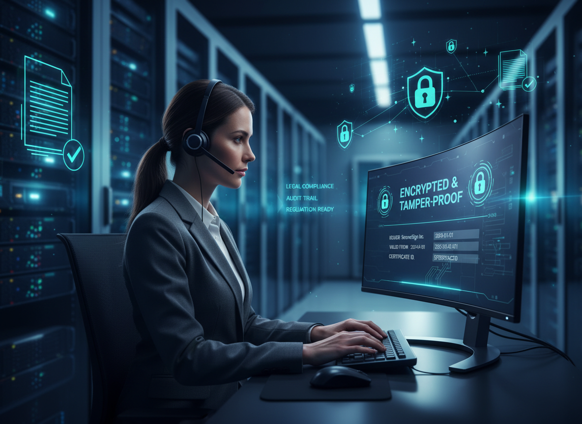 High-tech server room with glowing servers, a cybersecurity professional working on encrypted digital signature certificates, with holographic padlocks and shields symbolizing security and compliance.