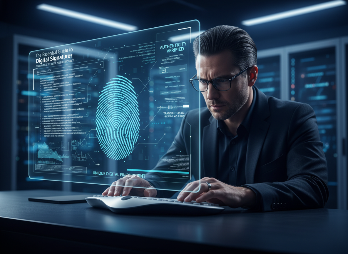 IT professional in tech lab analyzing cryptographic algorithm with 3D holographic digital fingerprint projection.