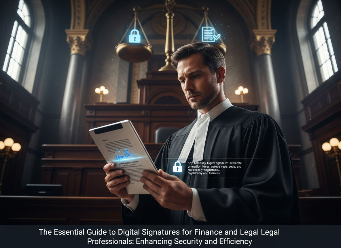 Legal professional in courthouse reviewing digital contract with scale of justice, symbolizing document security.
