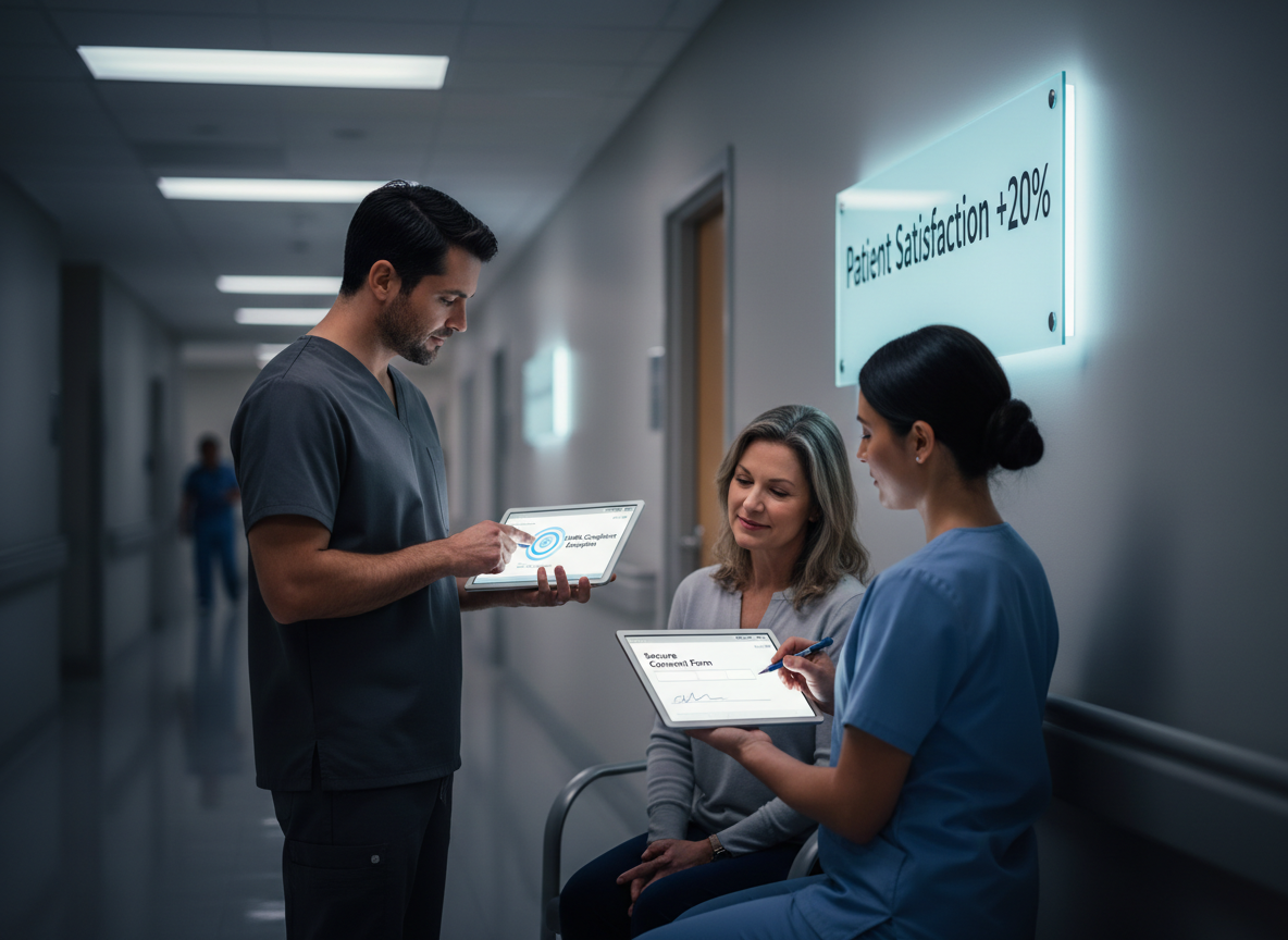 A healthcare administrator reviews a HIPAA-compliant e-signature interface while a nurse assists a patient with signing a digital consent form.