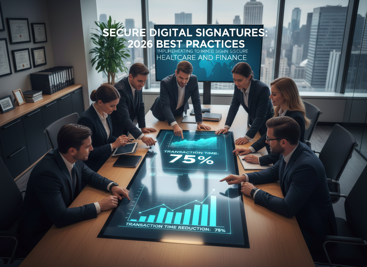 A corporate setting with professionals around a touchscreen table displaying digital signature benefits, highlighting efficiency and security.