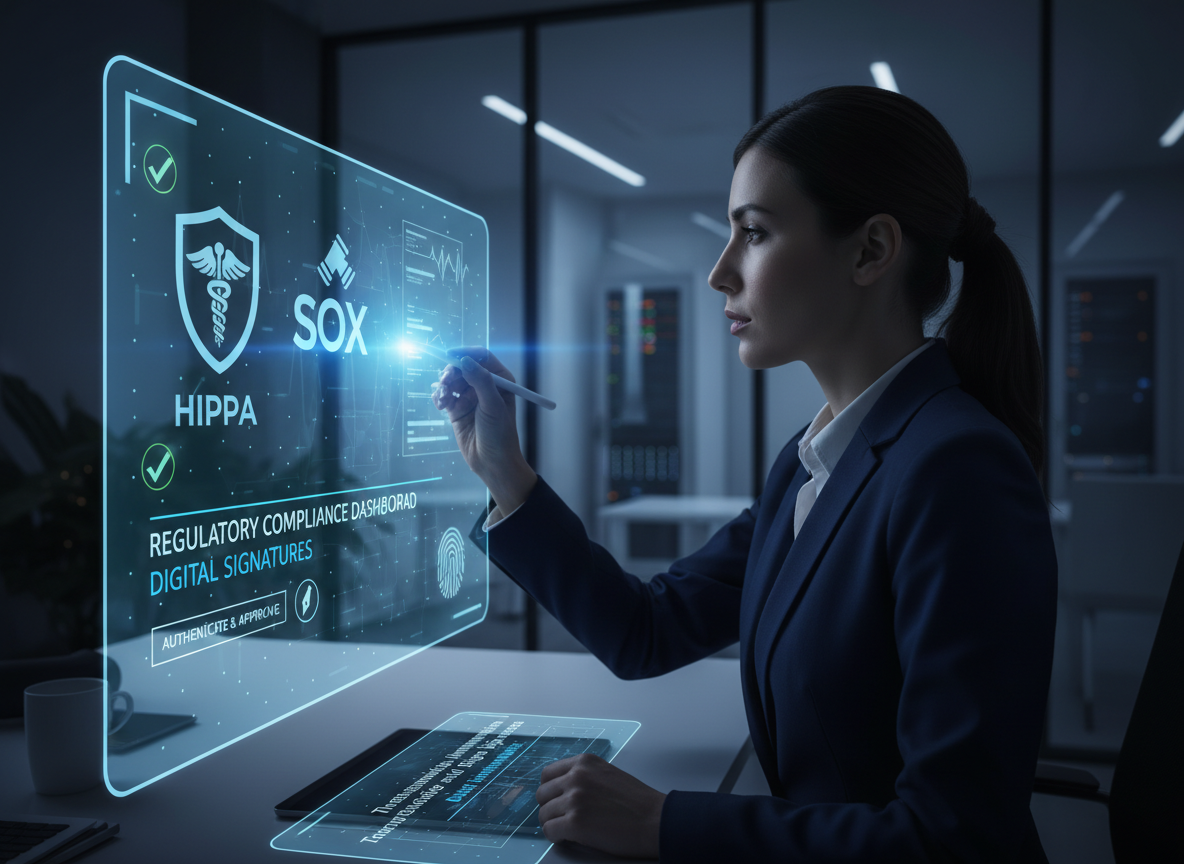 A compliance officer in a healthcare facility reviews a digital dashboard showing regulatory icons for HIPAA and Sarbanes-Oxley compliance.