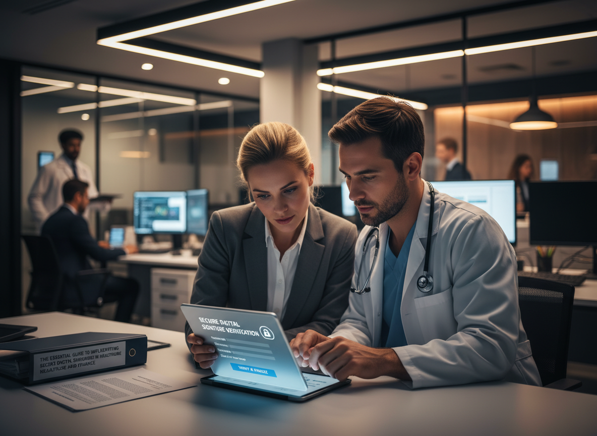 A healthcare administrator and doctor review a digital consent form on a tablet, focusing on secure digital signature integration.