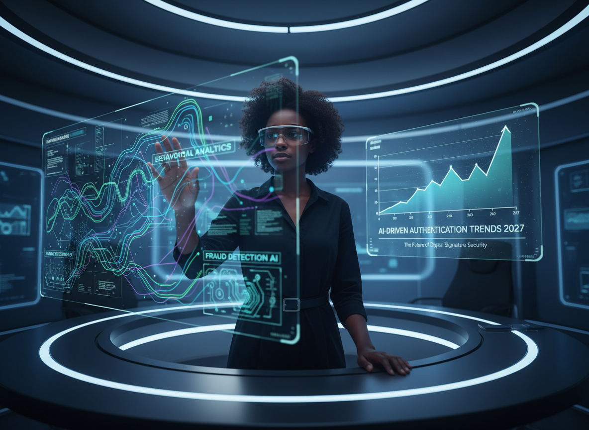 A tech lab scene with a data scientist using a holographic interface to analyze AI algorithms for user behavior, symbolizing the evolution of AI-driven authentication in digital signature security by 2027.