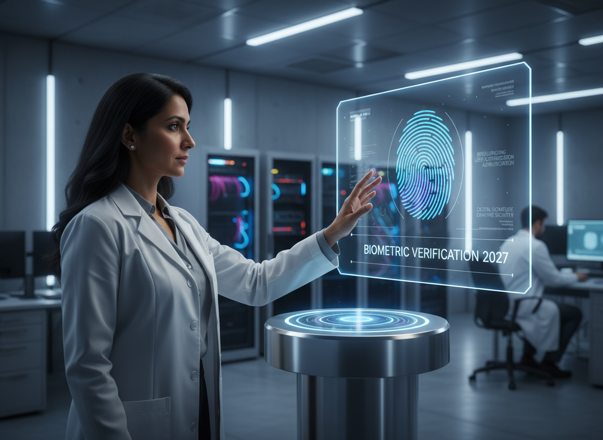 A high-security tech facility showing biometric verification technology in action, with a woman using a fingerprint scanner and a monitor displaying 'Biometric Verification 2027', symbolizing the evolution of user authentication.