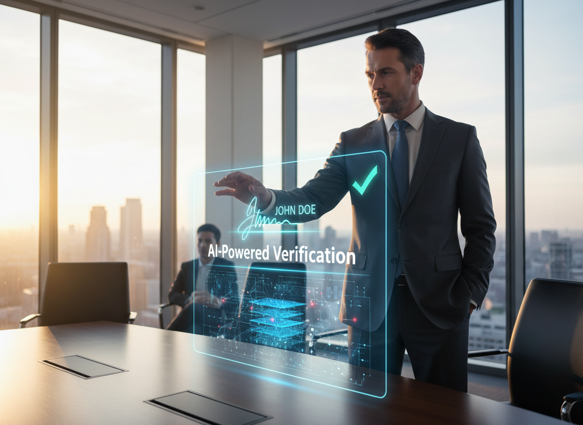 Executive in a modern office leveraging AI-powered digital signature verification displayed on a holographic interface, illustrating AI's transformative impact on business operations.
