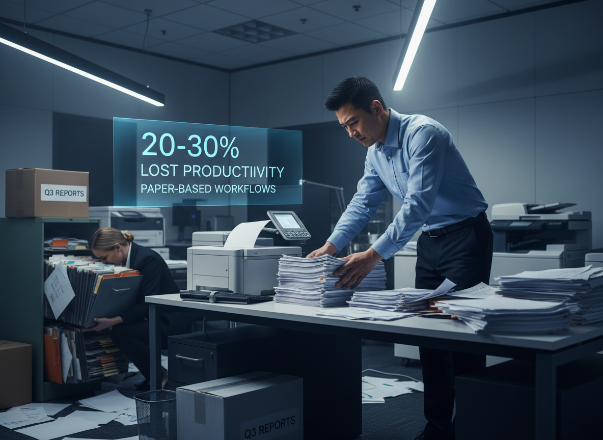 A stressed office worker surrounded by piles of paper, a printer, and a chaotic filing cabinet, symbolizing the operational inefficiencies of manual document management.