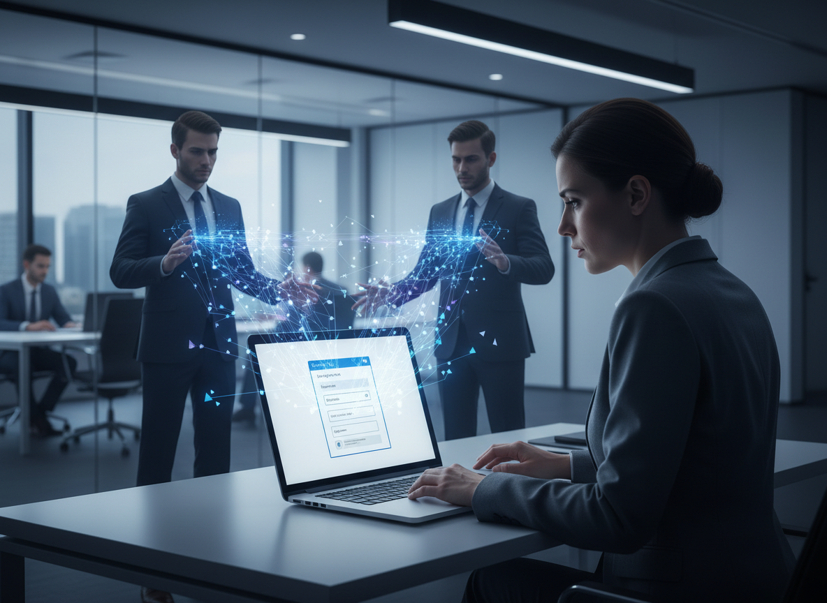 A professional in an office looking concerned at their laptop as ghostly figures symbolizing third parties harvest metadata from a free digital signature tool interface.