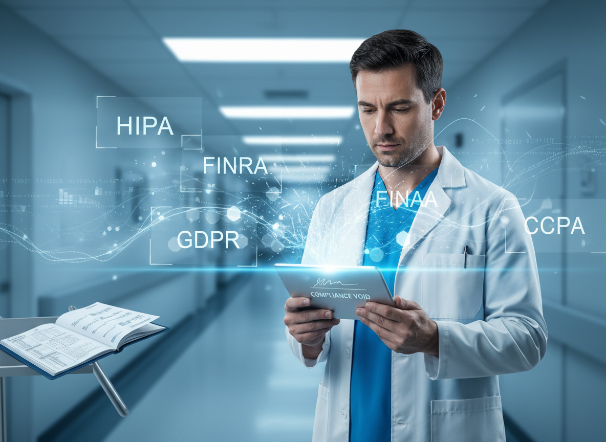 A doctor in a hospital corridor holds a tablet with a digital signature tool interface, while holograms of HIPAA and FINRA regulations fade as they intersect with the screen.