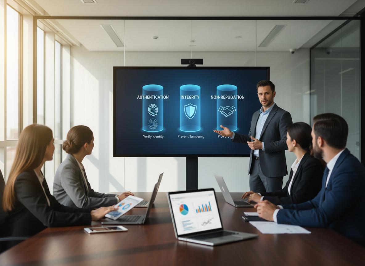 A professional presentation on digital signature pillars—authentication, integrity, and non-repudiation—with icons and descriptions in a modern office setting.