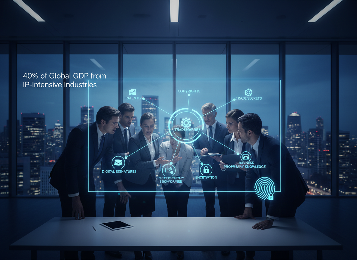 A futuristic office scene with professionals analyzing a digital display of intellectual property icons connected by glowing lines.