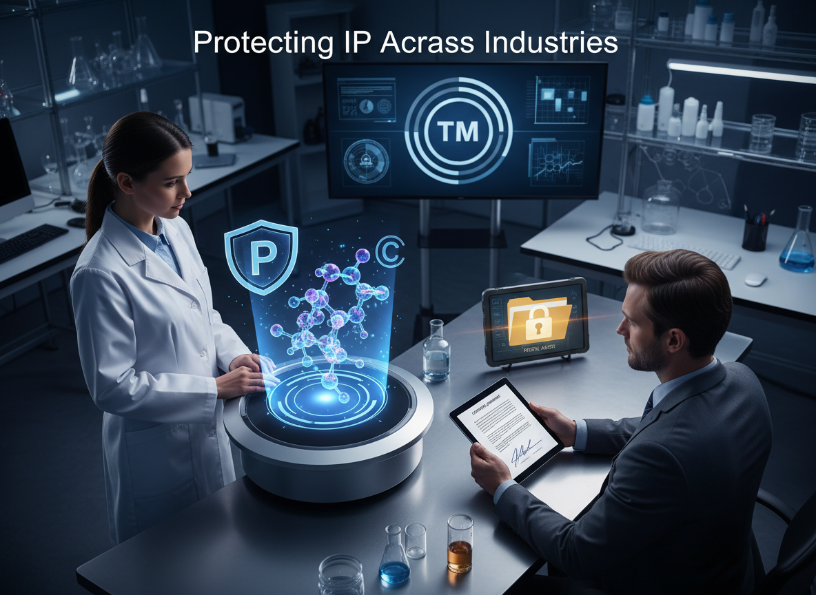 A research lab scene showing professionals working with holograms and digital devices to protect various types of intellectual property.