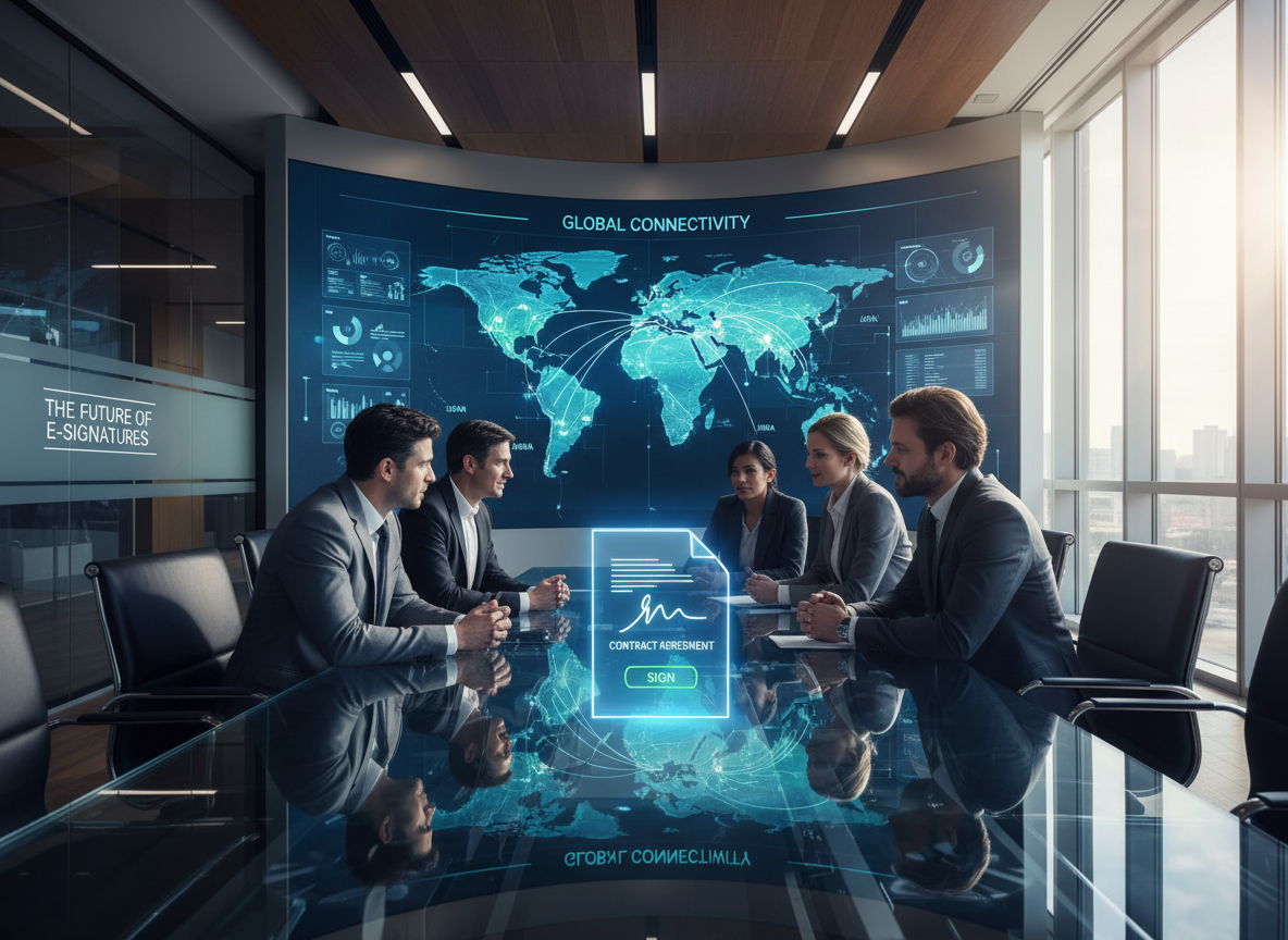 A modern office with professionals discussing a glowing holographic document, symbolizing digital efficiency and global connectivity.