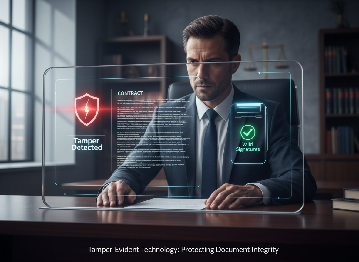 A lawyer in a modern office examining a document flagged with a 'Tamper Detected' warning, emphasizing the importance of tamper-evident technology.