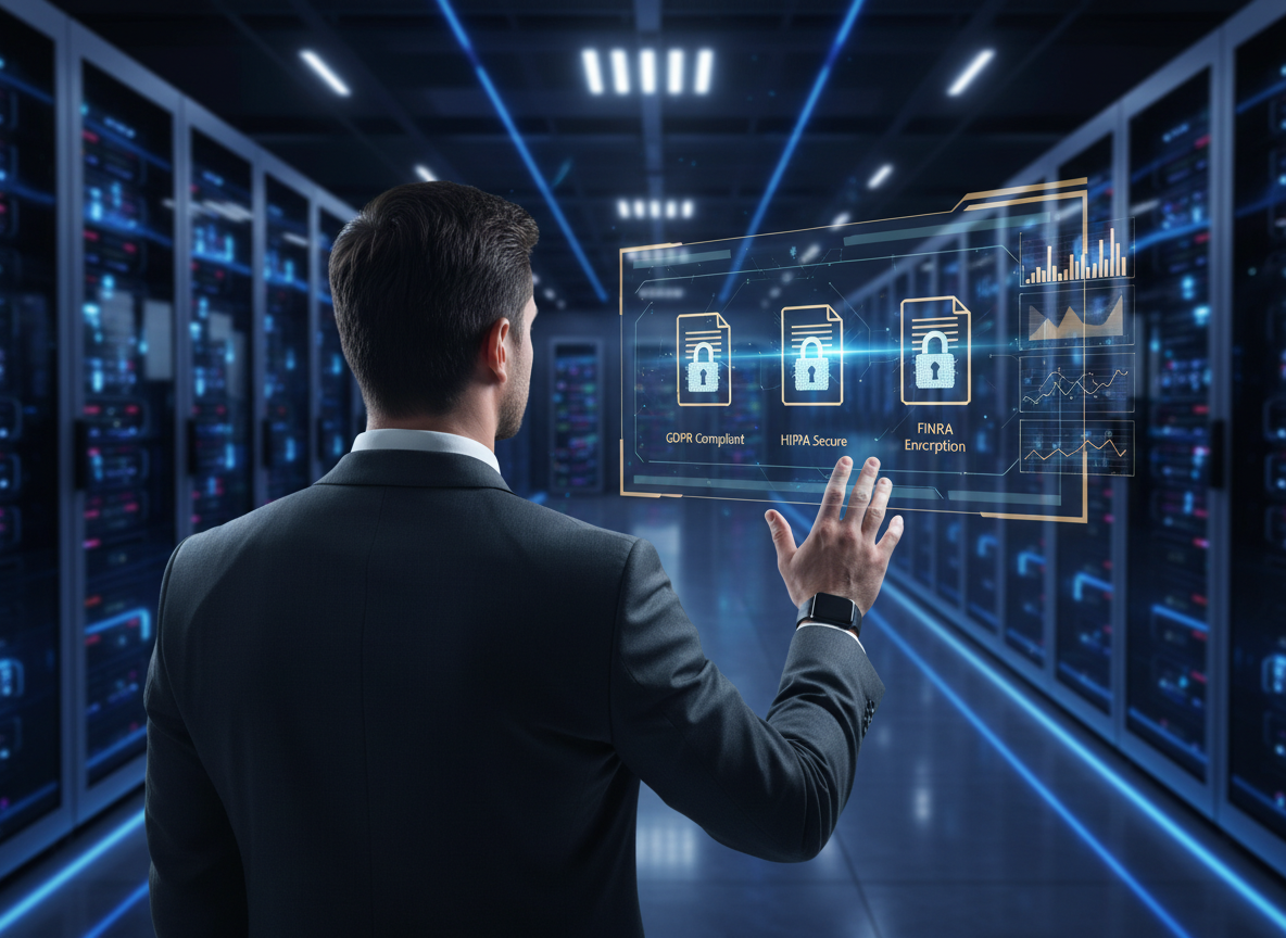 A cybersecurity analyst in a server room reviews holographic data showing encrypted documents secured with GDPR, HIPAA, and FINRA compliance.