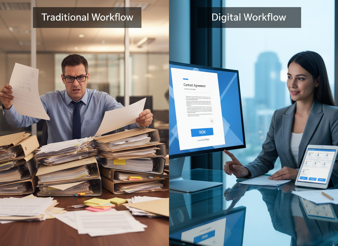 A side-by-side comparison of traditional paper-based legal workflows with digital signature processes in a corporate office setting.
