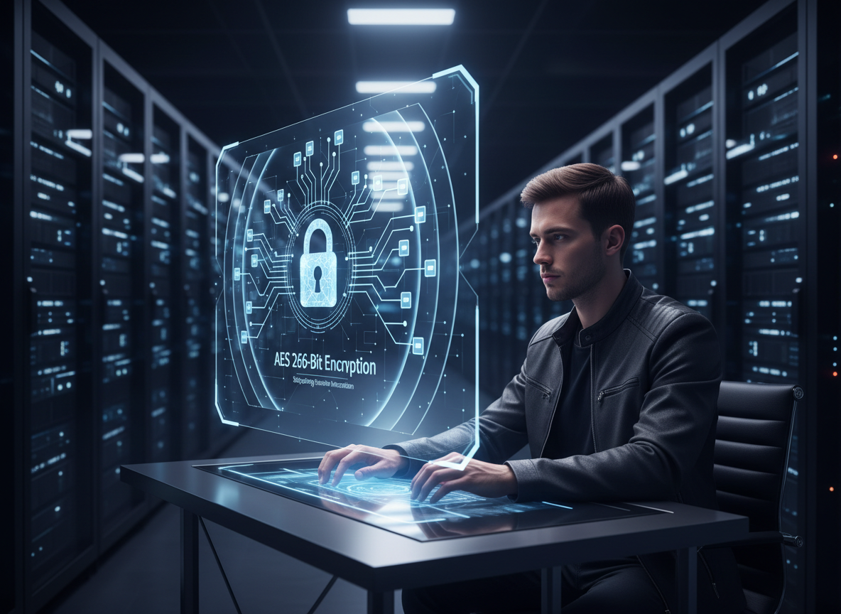 A cybersecurity analyst monitoring holographic data screens in a high-tech data center, with glowing locks and shields representing AES 256-bit encryption.