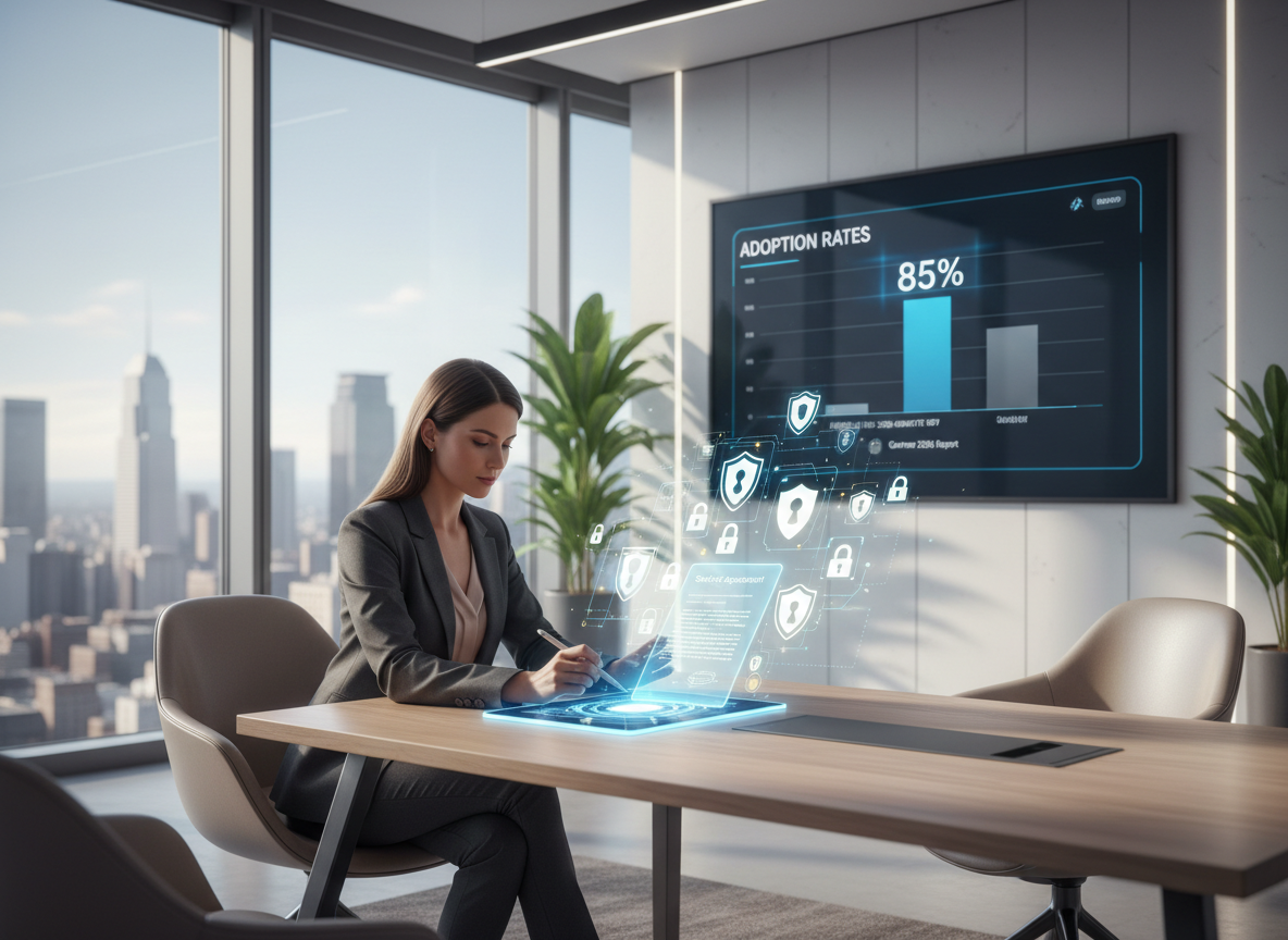 A businesswoman digitally signing a document in a futuristic office, with holographic security icons and a graph showing 85% adoption rates in 2026.