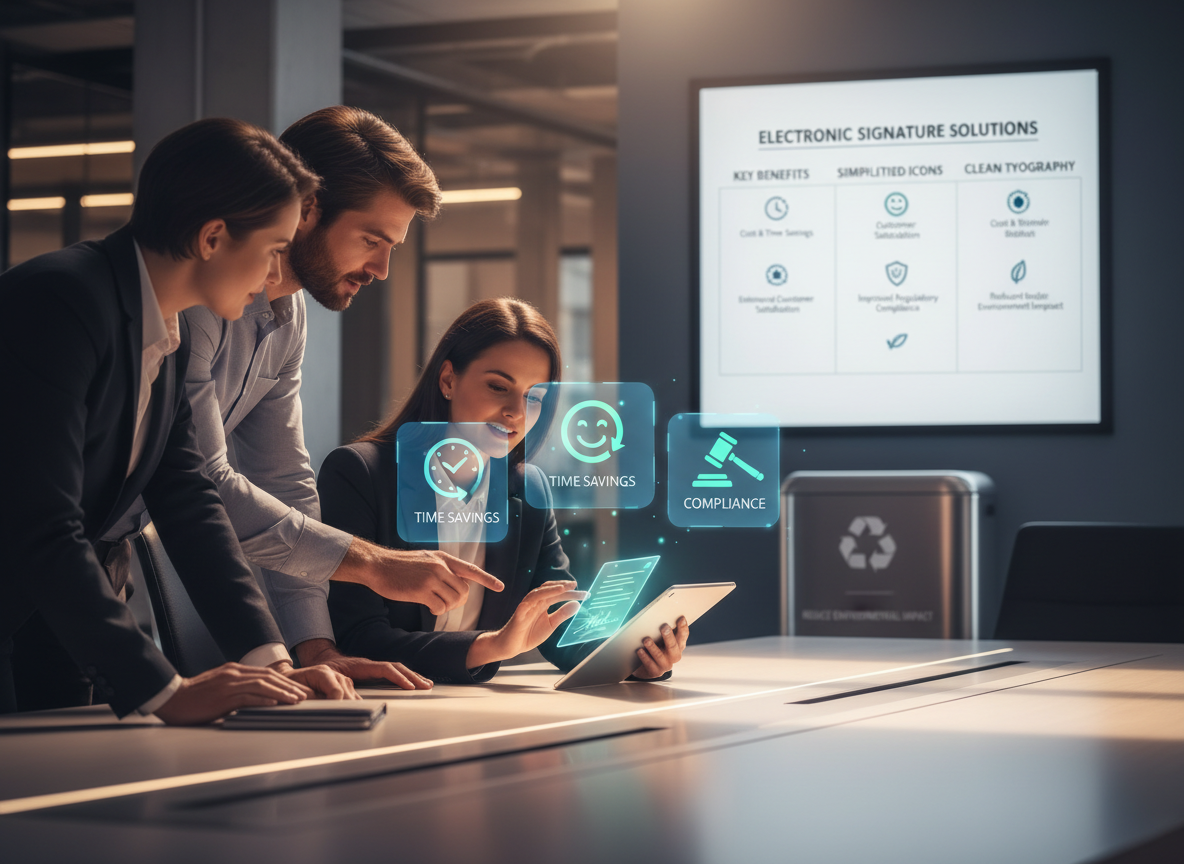 Professionals in a co-working space discussing a tablet with icons representing time savings, customer satisfaction, and compliance, alongside a recycling bin and an infographic on e-signature benefits.