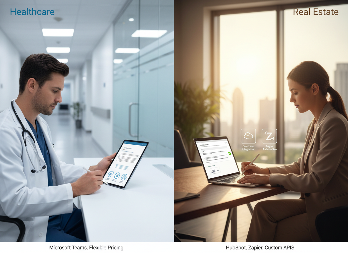 Split-screen image showing a healthcare professional signing a digital consent form with HIPAA icons, and a real estate agent signing a lease agreement with Salesforce and Zapier integration icons.