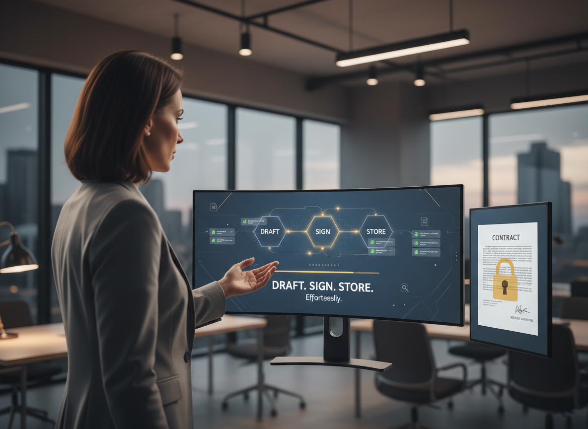 A modern office with a CRM dashboard showing automated contract workflows, from drafting to signing to storage.