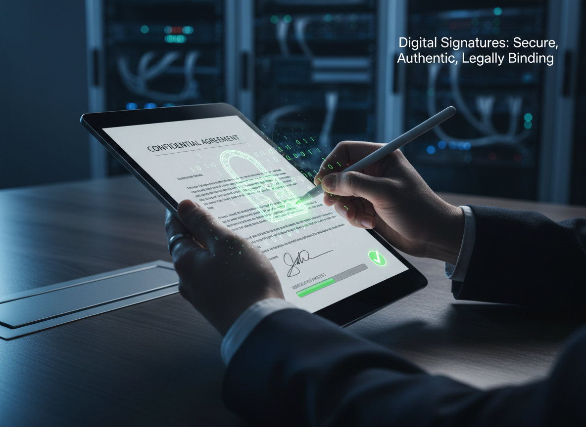 A professional digitally signing a document on a tablet, with cryptographic symbols and a verification bar indicating security and authenticity.
