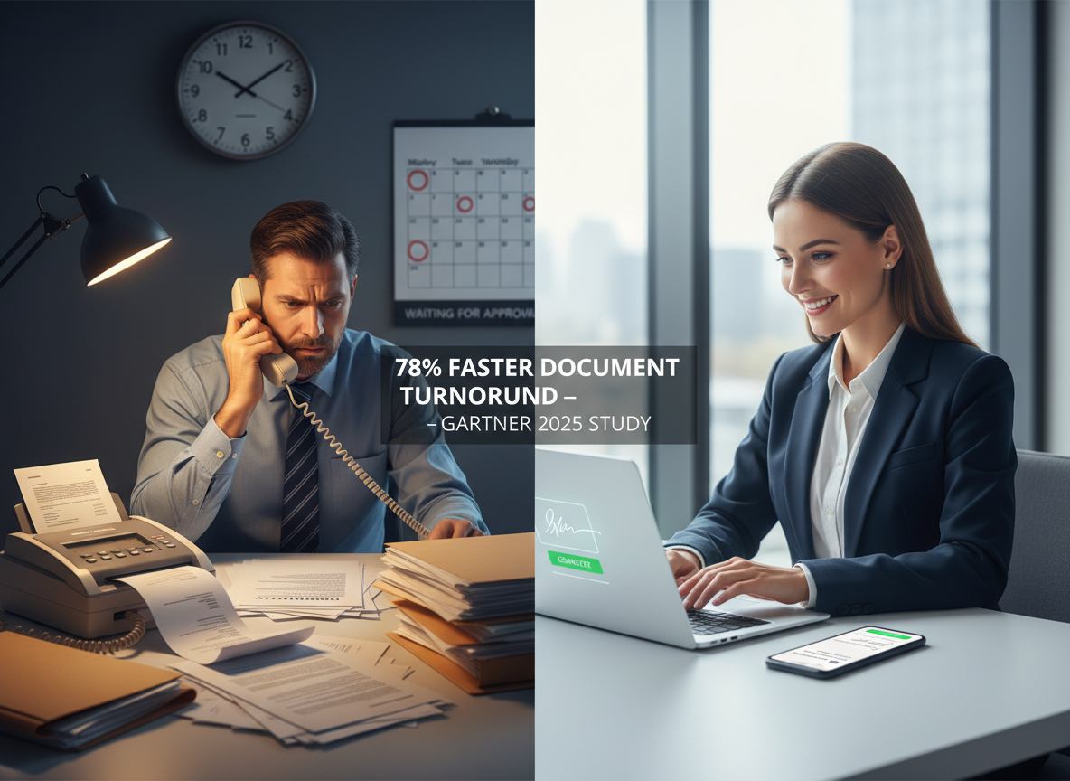 Side-by-side comparison of traditional contract signing with stacks of paper versus a modern digital signature workflow showing time saved.