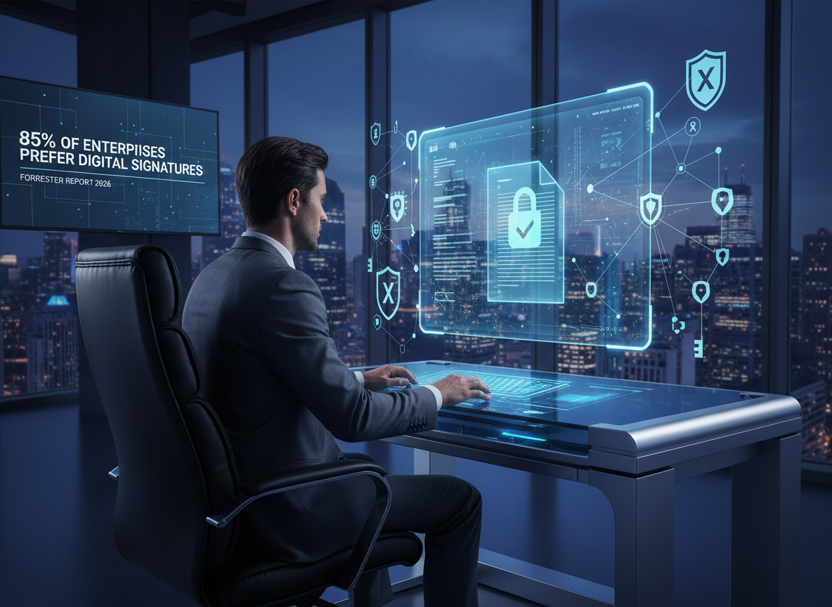 IT specialist viewing holographic digital document with cryptographic symbols, illustrating enhanced security of digital signatures.