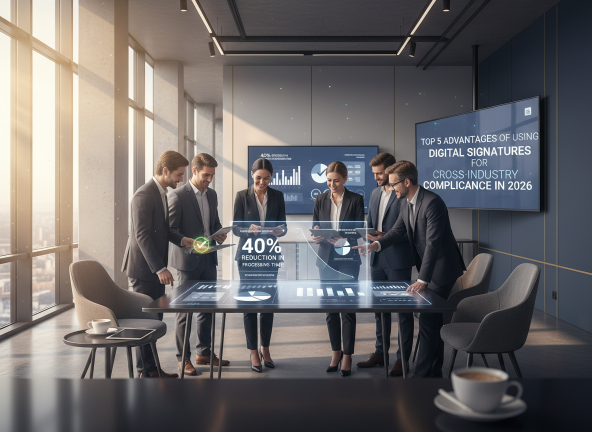 Team reviewing digital dashboard showing 40% reduction in processing time, symbolizing efficiency and cost savings.