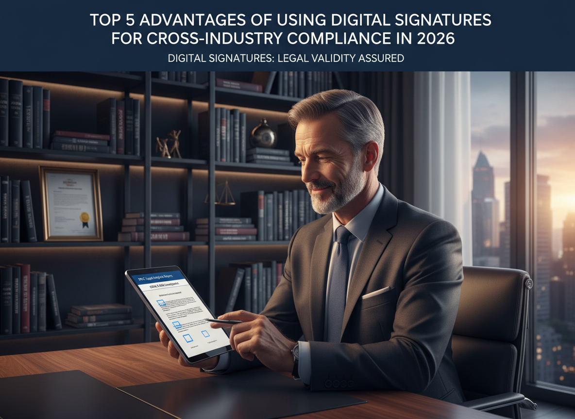 Lawyer reviewing digital documents with eIDAS & ESIGN certificate, showcasing legal validity and compliance of digital signatures.