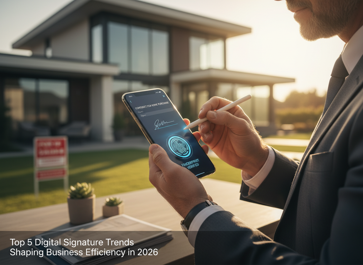 A smartphone screen showing a digital signature app with a stylus signing and biometric authentication, held by a real estate agent.