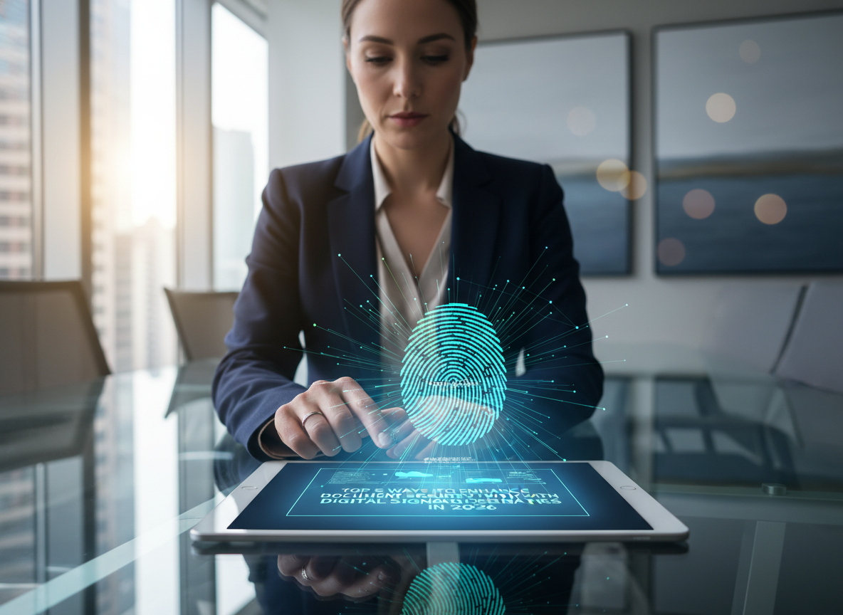 Business professional in a modern office examining a digital document with a glowing fingerprint overlay, symbolizing digital signature security.