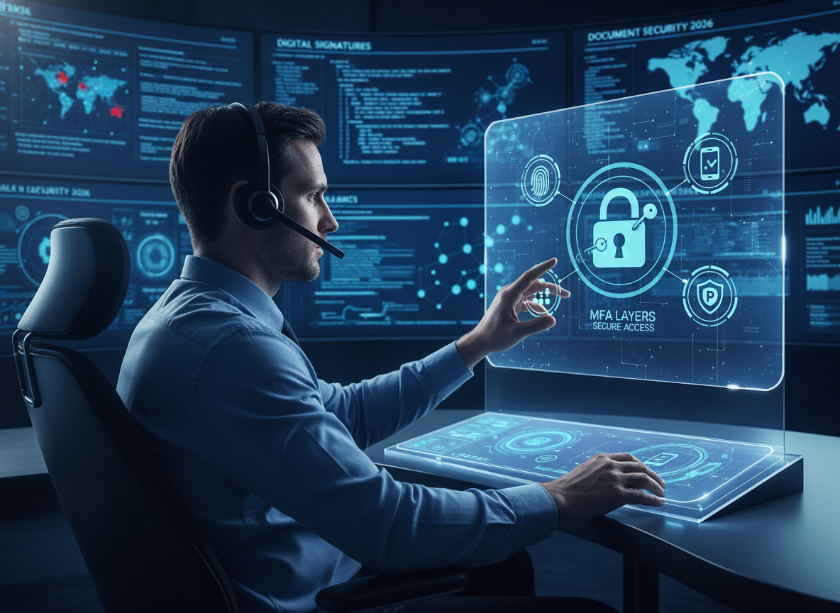 IT professional in a control room using a holographic interface showing MFA layers, including a padlock with a key, password, fingerprint, and smartphone icons.