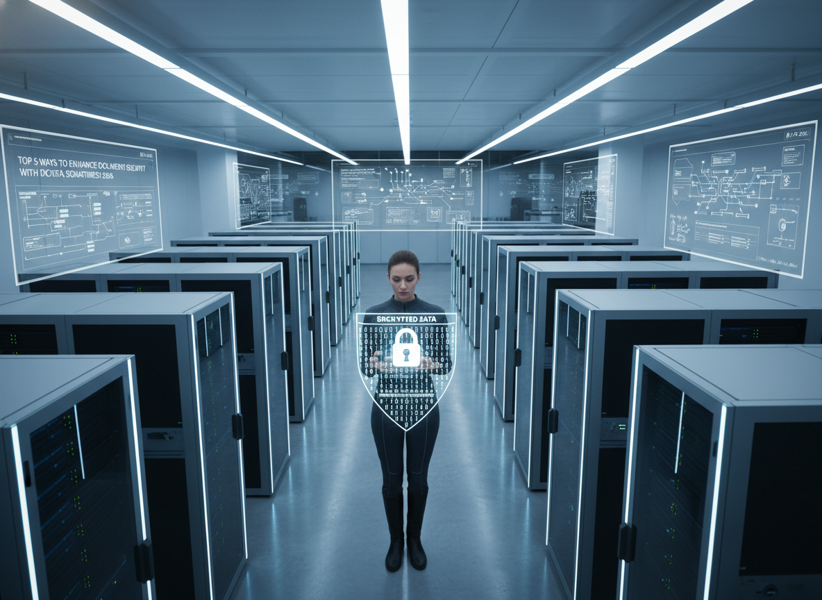 Security analyst in a data center holding a tablet showing a lock symbol with cascading binary code, representing data encryption.