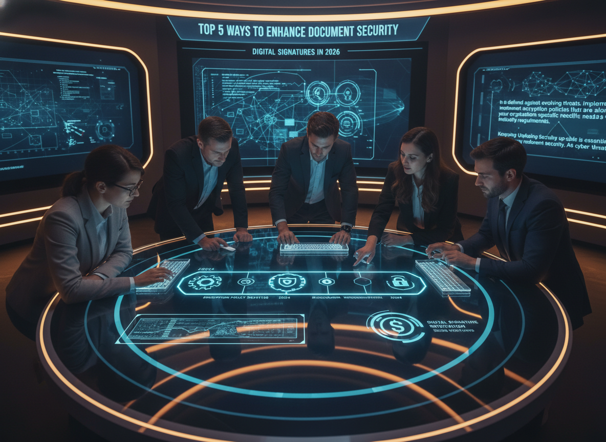 Cybersecurity team in an operations room reviewing a digital timeline of security protocol updates, marked by shield and gear icons.