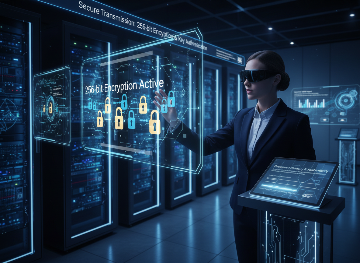 A futuristic server room with holographic encryption layers and a cybersecurity engineer demonstrating secure data transmission with 256-bit encryption.