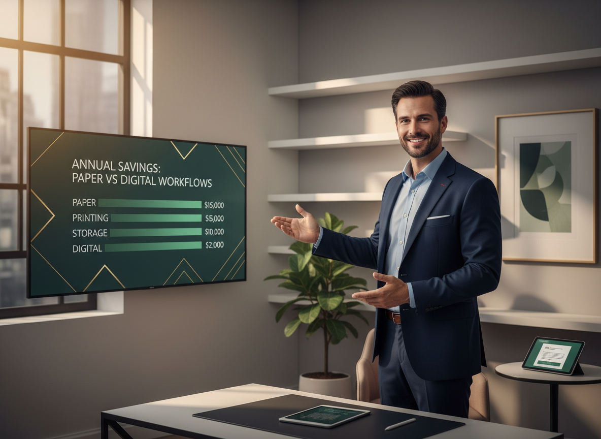 Cost breakdown chart comparing paper-based and digital workflows, highlighting significant savings for SMBs transitioning to digital signatures.