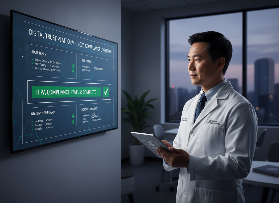 Compliance dashboard in a healthcare provider's office showing audit trails, time-stamps, and HIPAA compliance status for digital documents.