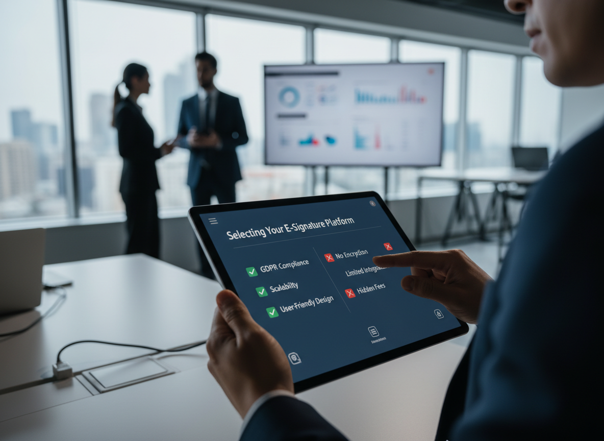 A digital checklist showing do's and don'ts for selecting an e-signature platform, with green checkmarks and red Xs for clear guidance.