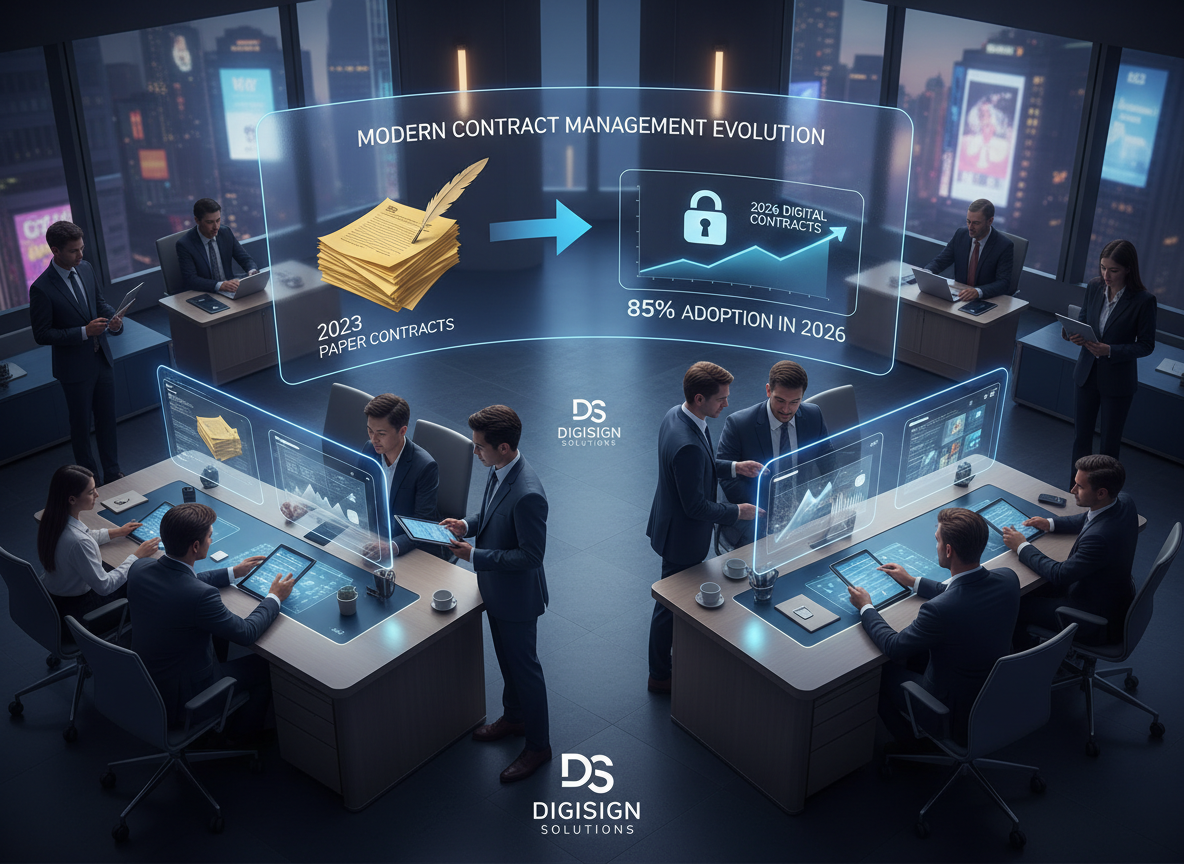Modern office showing transition from paper to digital contracts with a timeline from 2023 to 2026, highlighting 85% digital signature adoption.